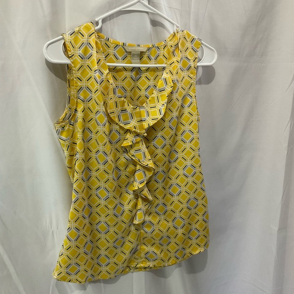 Banana Republic Women’s Sleeveless Blouse Ruffle Front Yellow/Gray Geometric XS - Picture 4 of 9